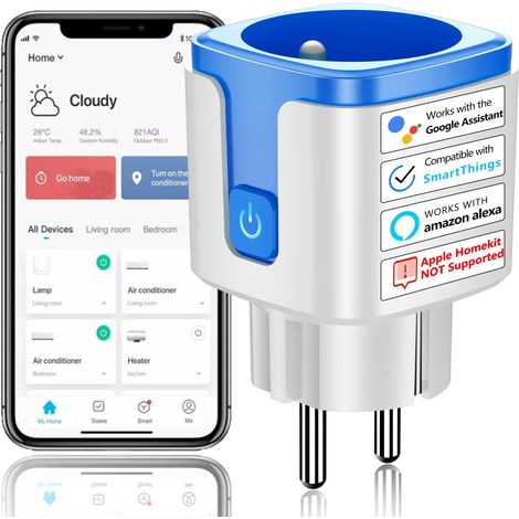 Enchufe inteligente WiFi tipo E, con temporizador, compatible con Alexa y Google Assistant, programable con temporizador y control remoto, app Tuya/Smart Life, 16 A.