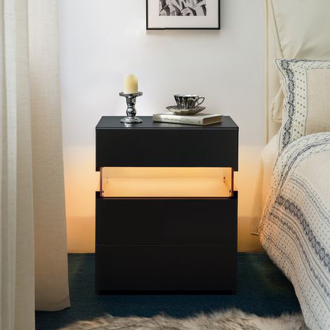 Mesita de noche LED 50x37x60 cm en paneles de madera negros con almacenaje -FLORAGRACE (1/5)