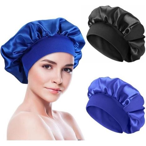 Bonnet de Nuit - Non spécifié - 2 Pièces - Satin Doux - Élastique - Noir et Bleu (1/4)