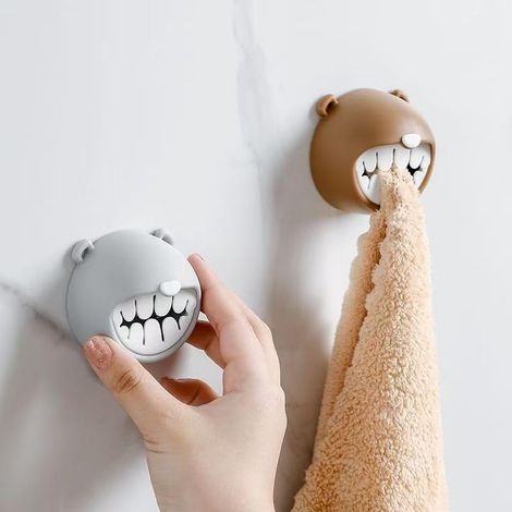 Crochets muraux ours mignons pour serviettes, cintres de salle de bain autocollants, lot de 2, marron et gris (1/5)