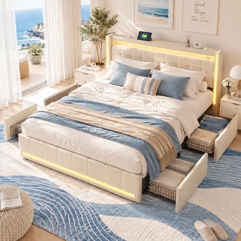 Lit double 140x190 avec 4 Tiroirs, lit adulte avec sommier, avec Tête de Lit Rembourrée, bandes lumineuses LED en tête et pied de lit, lin beige