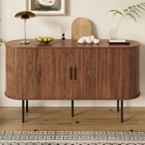 Buffet moderne en MDF avec portes à rideau, poignées aluminium et pieds métal, meuble de rangement salon/salle à manger - Noyer