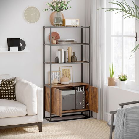 Bücherregal im Vintage-Stil mit 3 Regalböden, 1 Holzschrank und schwarzem Metallgestell, 76 x 33 x 162,5 cm (1/5)