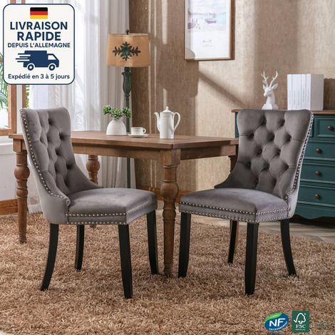 Set di 2 sedie in velluto e legno - Vintage/Retro - Legno massello trapuntato di alta qualità - Con gambe in legno e finiture con borchie - Grigio