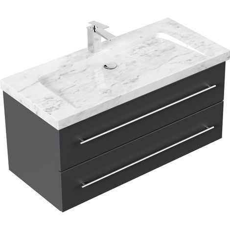 Badmöbel Marmor Carrara White Damo 100 cm 1 Hahnloch SoftClose anthrazit (1/5)