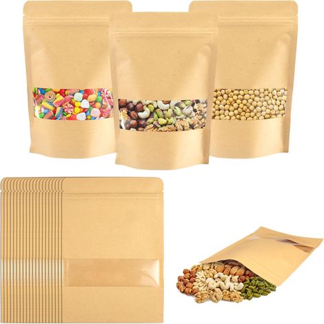 100 Pièces Sachet Kraft Alimentaire avec Fenêtre,20cm × 14 cm (Marron)  Sachet Papier,Sachets Kraft avec Fenetre,pour Produits de Boulangerie,Grains de Café,Collations Salées,Épices et Céréales (1/5)