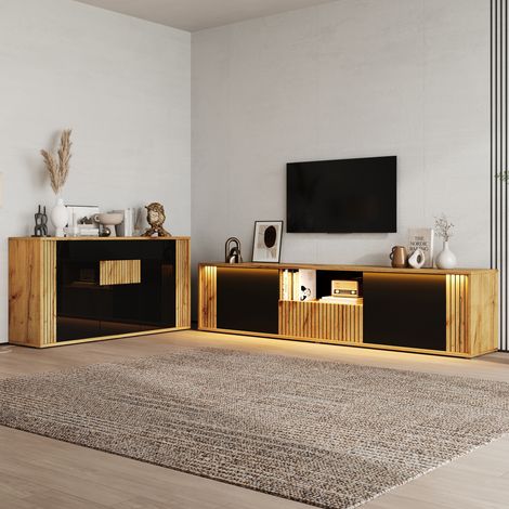 Set mobili soggiorno 180x40x51 cm e 140x35x71 cm, mobile TV per TV fino a 75 pollici, credenza, MDF, nero e legno (1/5)