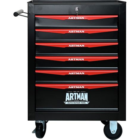 Coffre à outils métallique 6 tiroirs pliable avec roulettes, glissières à billes, rangement acier - organisateur d'atelier noir et rouge 52,4x33x77,7cm (1/5)