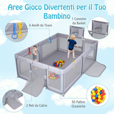 Grand parc de jeu gris clair pour bébé en tissu Oxford avec panier, 50 balles et portes zippées, pour maison et salle de jeux (1/5)