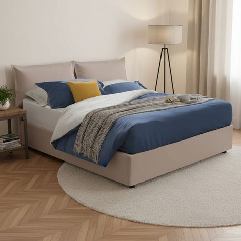 Dmora - Cama matrimonial Dfin, Cama contenedor con tapizado en ecopiel, 100% Made in Italy, Apertura frontal, con colchón Cm 160x200 incluido, Tórtola (1/5)