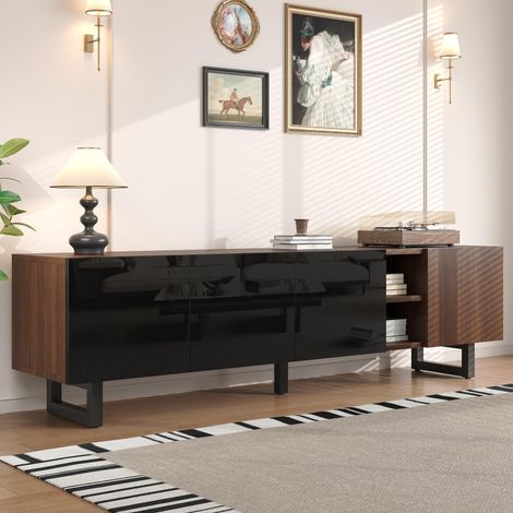 Meuble TV à quatre portes, support TV, panneau TV, meuble TV bas. Design unique, aspect bois vieilli. 180 x 38 x 50 cm (L x l x H)