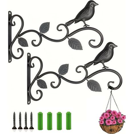2 Pack Hanging Plant Brackets with Wall Hook, Plant Wall Hooks Wrought Iron Garden Wall Brackets for Birds, Outdoor Garden Hanger with Balcony Screws Lantern (1/4)