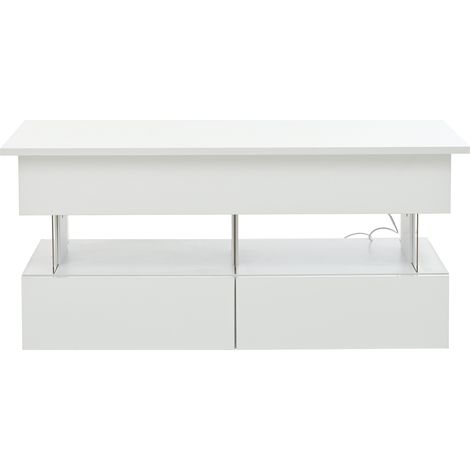 Mesa de centro elevable 100 x 50 x 46 cm blanca con almacenaje oculto, 2 cajones y LED, MDF (1/5)