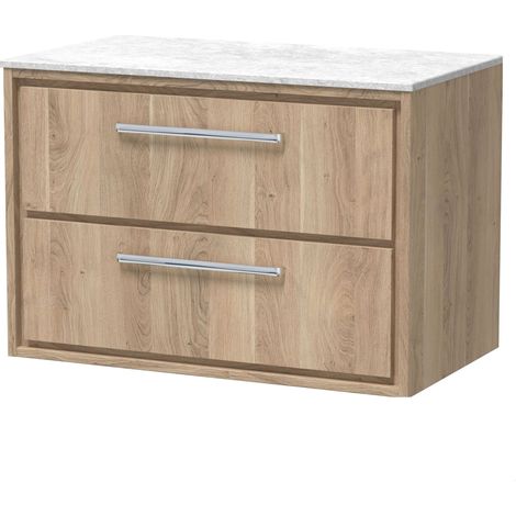 Longnor 2 Drawer Wall Hung Vanity Unit with White Marble Worktop, Light Oak, 800mm