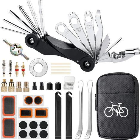 Kit Reparation Velo, 37 Pièces Trousse d'outils de Vélo, Kit Réparation Pneu Velo, Rustine Velo, Accessoire Velo, 17 en 1 Multifonction Vélo Réparation Outil, Kit Crevaison Velo pour VTT, Route (1/5)