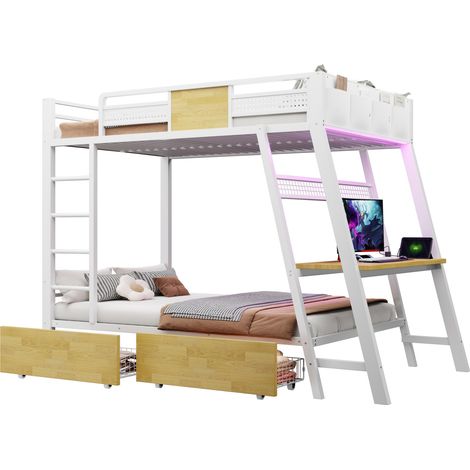 CHICFURN Lit superposé 90x200 avec bureau gaming intégré, prises USB Type-C et LED, lit mezzanine métal et MDF avec rangements, blanc, 2 couchages (1/5)