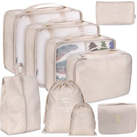 8 Cubes de rangement, sac voyage, filet transparent, fermeture éclair, poignée, organisateur valise (1/5)