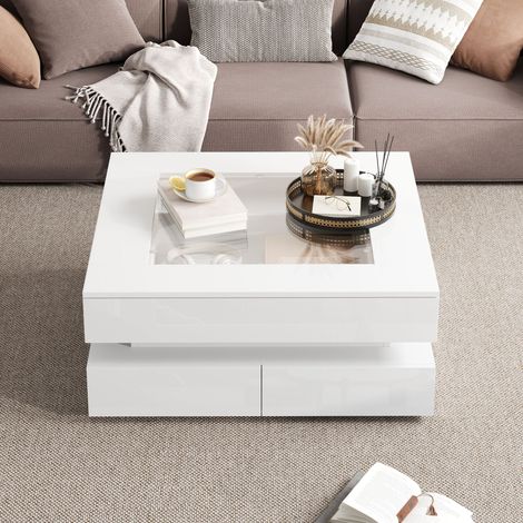 Table basse blanche 70x70x35 cm avec plateau verre,LED et 3 tiroirs. Design géométrique haute brillance,pour petits espaces et salon. (1/5)
