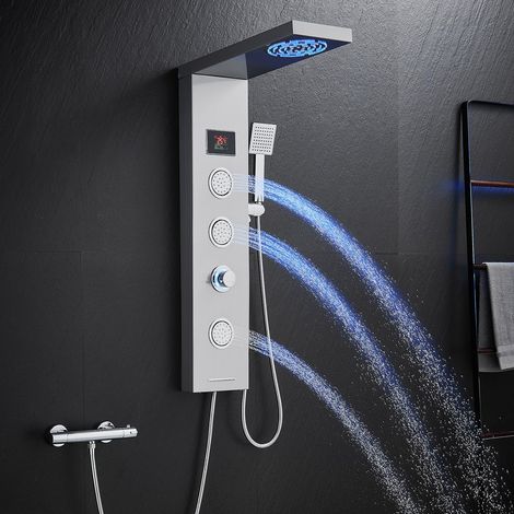 Panneau de douche sans robinet, panneau de douche 6 fonctions avec affichage LED de la température, douche à effet pluie, douche à brouillard, buses de massage, douchette à main et bec de (1/5)