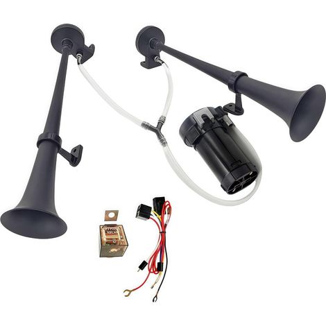 Klaxon d'air de voiture Air Horn Tweeter et Bass Corner avec pompe à air 12V double tube Zinc Chrome corne noir 170db Klaxon de voiture klaxon de camion Car Horn Pour 12V camions bateaux etc (1/5)