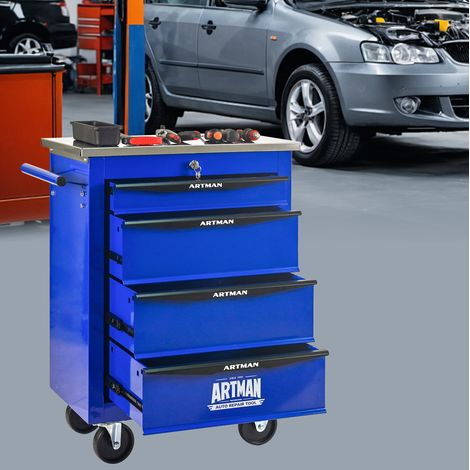 Chariot d’atelier à 4 tiroirs avec roulettes, plateau inox, acier bleu, 56,5 × 34,5 × 78 cm (1/5)