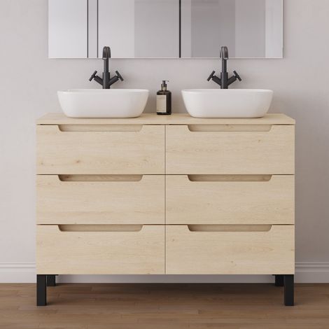 Meuble de salle de bain 120cm avec plateau et 2 vasques à poser arrondies - 6 tiroirs - sans miroir - roble calima (bois clair) - RIZA (1/5)
