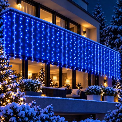 Tenda Luminosa LED a Cascata Lineare 700 LED 10,40x1 Metro Luce Blu per Esterno Interno IP44 con 13 Giochi Luce Timer Cavo Bianco (1/5)