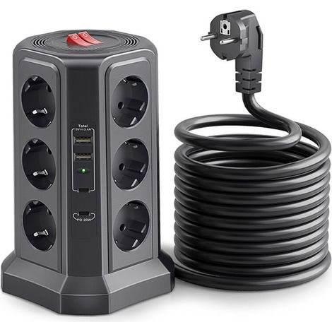 Multiprise avec Interrupteur, Tour Multiprise 12 Prises et 4 USB(2 USB-A&2 USB-C, 1.5M Câble à la Maison et au Bureau - noir (1/3)
