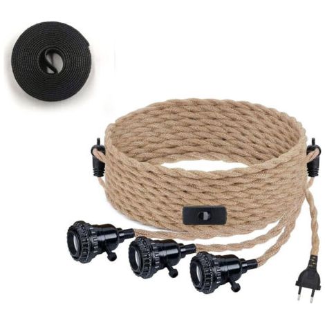 Lustre vintage en corde de chanvre – Suspension textile E27 avec interrupteur – Câble de 3m pour éclairage DIY – Décor chambre salon cuisine - 3-Flamme