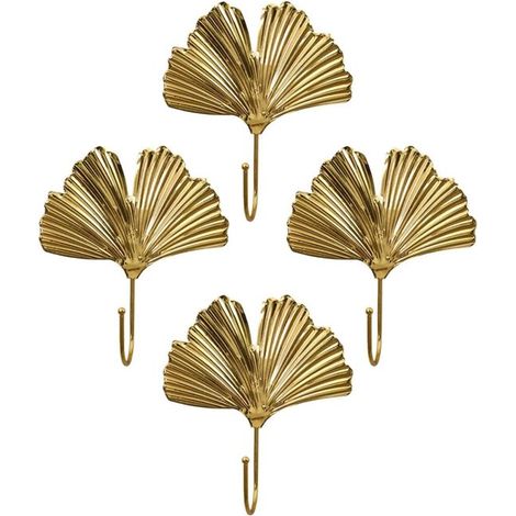 Ganchos de pared dorados con forma de hoja，hechos de madera de ginkgo，4 piezas，Ganchos decorativos nórdicos para pasillo，versátiles para llaves (1/5)