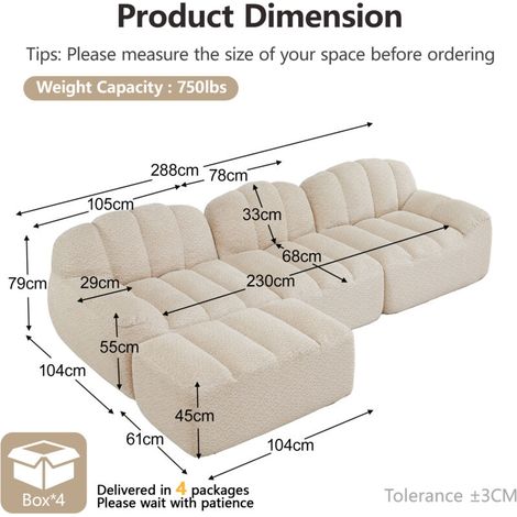 Canapé modulaire 3 places – Angle en L sans cadre, forme coque, 1 pouf, coussins profonds, beige et blanc – Grand confort modulable (1/5)