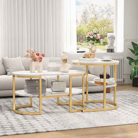 Set de 2 Tables Basses Gigognes - Plateau Marbre & Métal Or - Design Moderne pour Salon/Chambre (1/5)