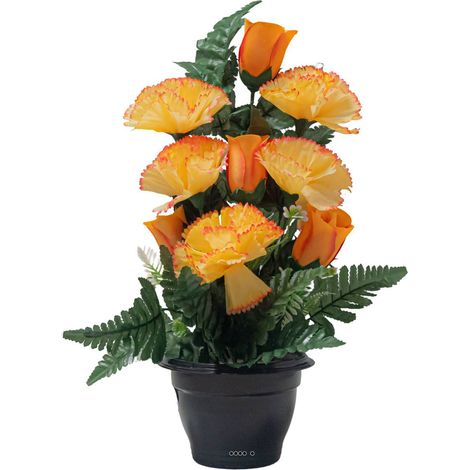 Pot d'Oeillets fleurs artificielles pour le cimetière H 36 cm D 33 cm Jaune-orange - couleur: Jaune-orange