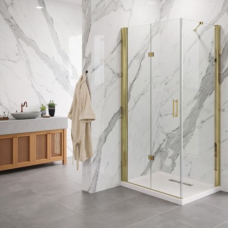 Porta pieghevole con lato fisso angolare in vetro temperato trasparente 6mm profili oro - PORTA 120 - FISSO 70 (1/2)