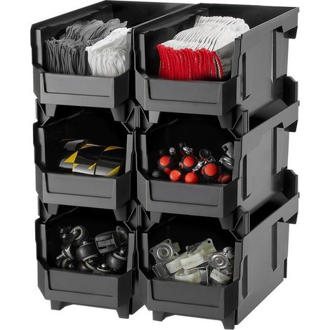 Bacs à Bec Empilables VEVOR Lot de 6 Boîtes de Rangement Plastique PP Atelier Garage Visserie 37,7x21,5x18cm Noir (1/5)