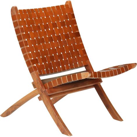 Silla plegable con rayas cruzadas cuero auténtico marrón