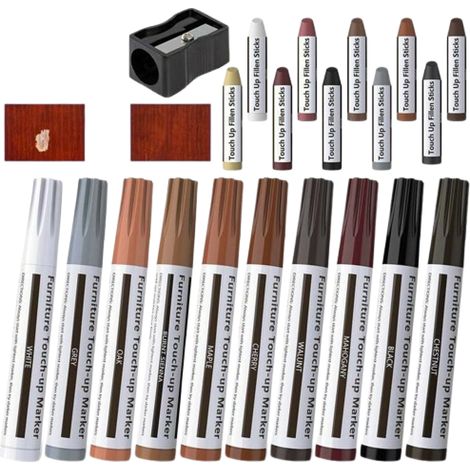 21 pièces kit de retouche meubles, feutres et bâtonnets de cire pour rayures, éraflures et décolorations sur bois (1/5)