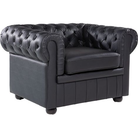 Poltrona vintage in pelle nera Chesterfield