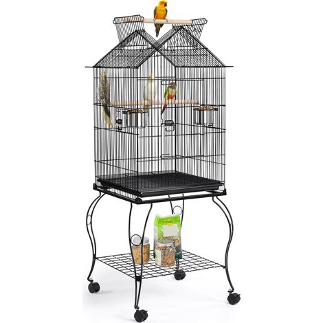 Yaheetech Gabbia Voliera per Uccelli Pappagalli in Metallo e Legno con Piedistallo Carrello Nera 59,5 x 59,5 x 145 cm (1/5)