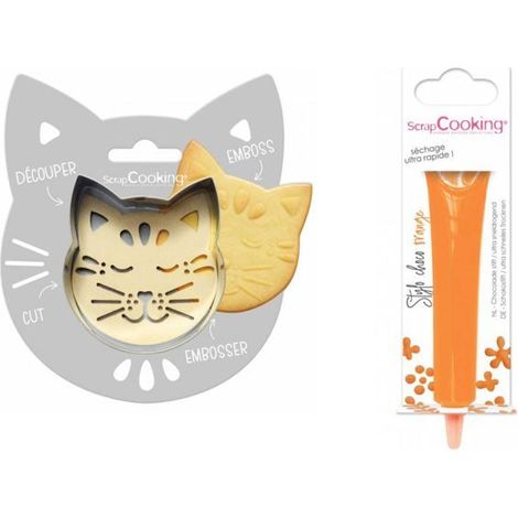 Kit pour biscuit en relief Chat + Stylo au chocolat orange