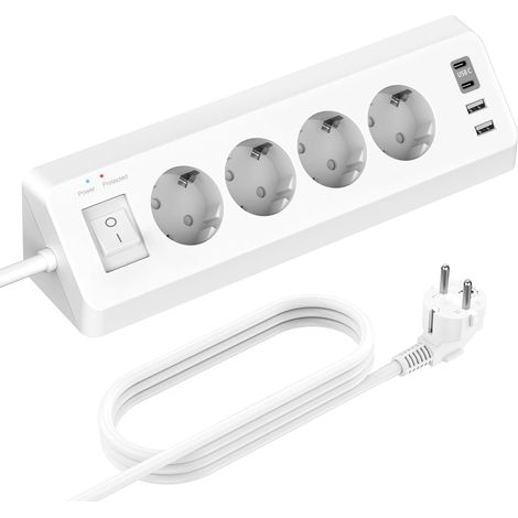 Multiprise 4 prises avec USB C, 4 ports USB, avec interrupteur, protection contre les surtensions avec câble de 3 m, pour cuisine, blanc (1/5)