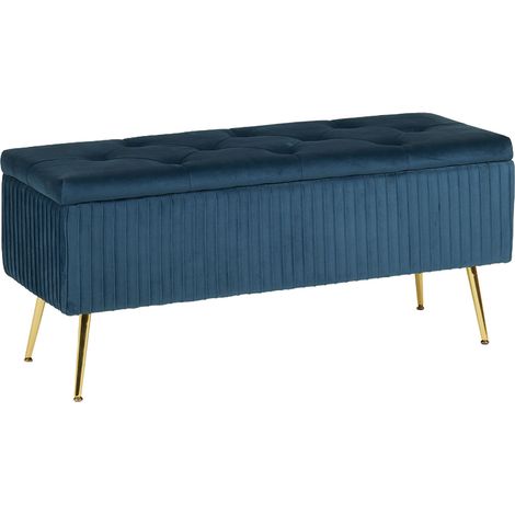 Panca Imbottita Divanetto In Velluto Contenitore Pouf Grande XXL PortaOggetti Panca Sgabello A Pie Di Letto Con Gambe In Metallo Dorato Cassapanca Ingresso Legno Massello Panchina - Blu (1/5)