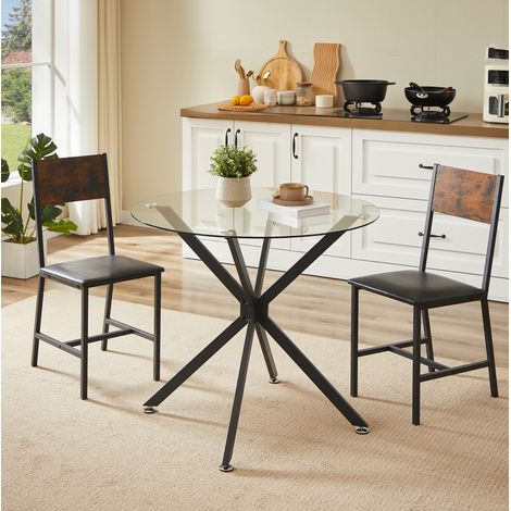 Mesa de comedor redonda de vidrio templado (90.5x90.5x7.0 cm), diseño moderno, patas metálicas, negra (1/5)