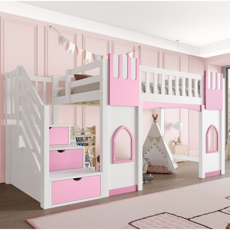Cama alta (253x95x127.5 cm), con escalera de almacenaje y ventanas, marco de pino y MDF, blanco y rosa (1/5)