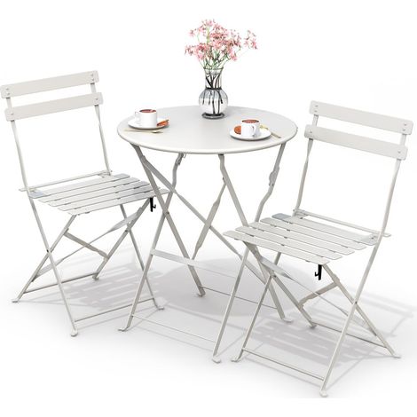 Set de Bistro Ensemble de Mobilier d'Extérieur de 3 pièces avec Table et 2 Chaises Pliantes en Acier pour Balcon Terrasse et Jardin Blanc (1/5)