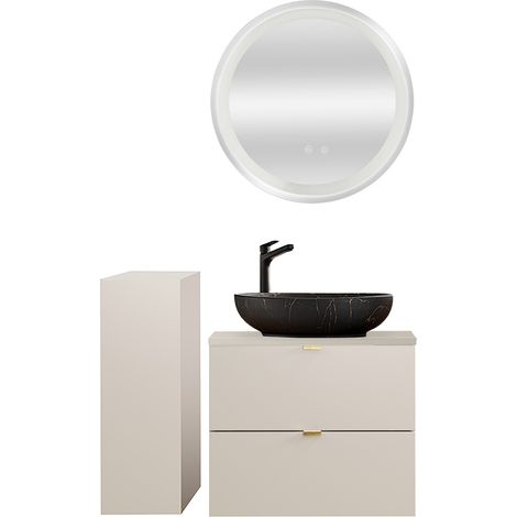 Badmöbel Set 3-teilig mit 60 cm Waschtisch & LED-Spiegel, in Beige - DURANGO-56 (1/5)