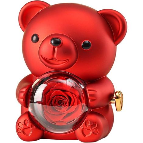 Orsetto di peluche romantico contenente rose stabilizzate, un portagioie nascosto e una collana a forma di cuore: un regalo unico (Rosso) (1/5)