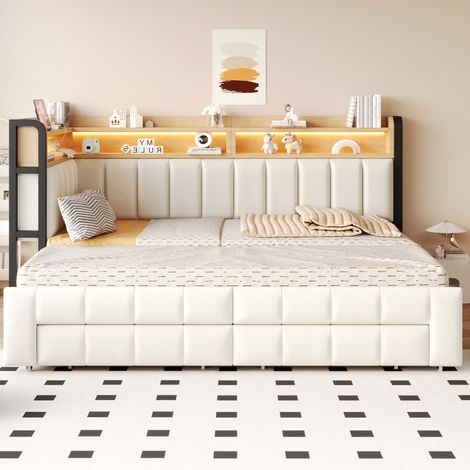 Letto estraibile 90/180×200 cm in velluto beige con LED, vani contenitore e USB (1/5)