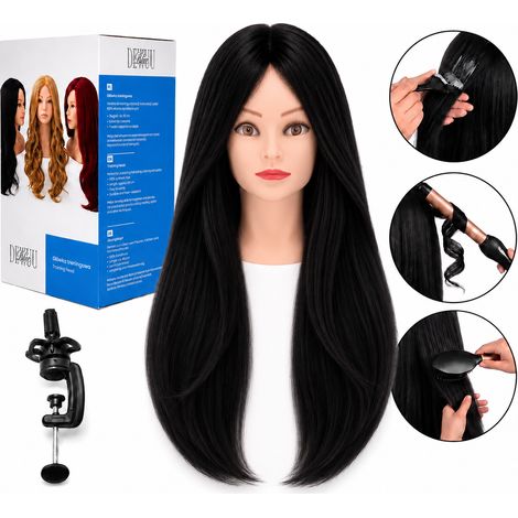 Tête d'entraînement de coiffure Ela, cheveux naturels, 55 cm + support