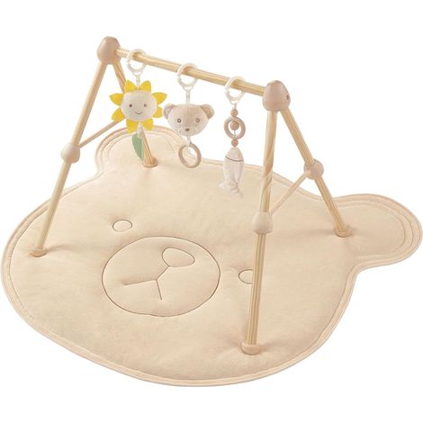Tapis D'eveil Bebe Ours 4 en 1,avec arche de jeu en bois naturel, 3 Peluches Amovibles,Développement Visuel, Auditif,Tactile et Cognitif,pour 0-3-6-12-36 mois Bébé,Cadeau de Naissance Idéal (1/5)
